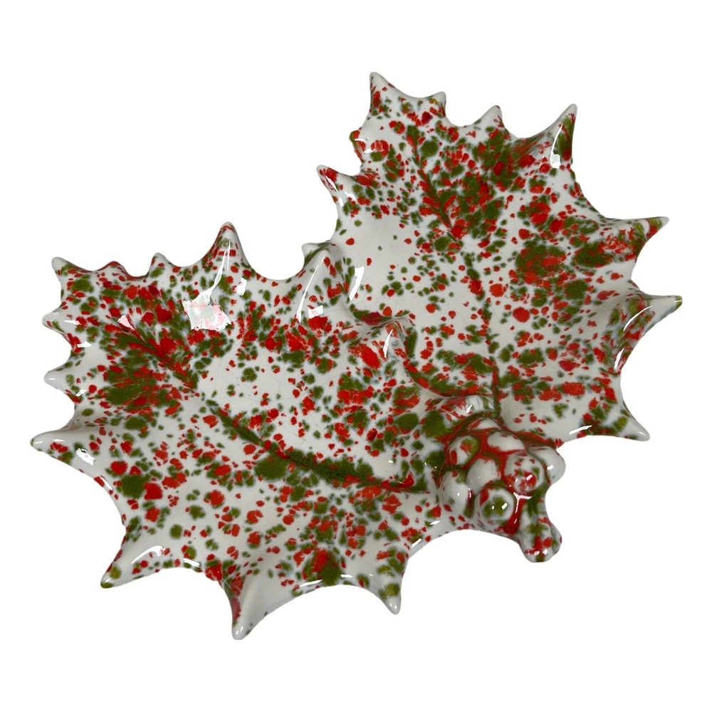 Vintage Holly Leaf Ceramic Candy Dish Red Green Spatterware Christmas Decor